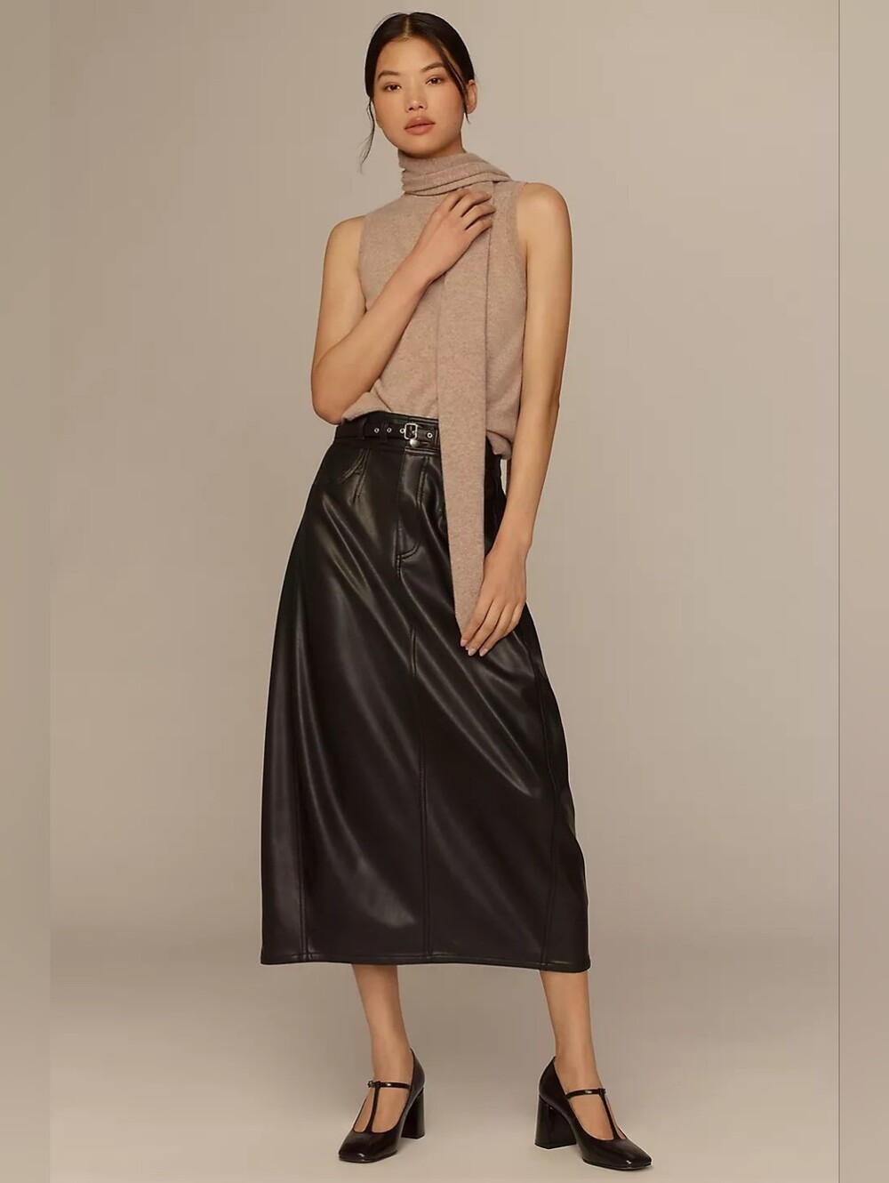Pilcro Faux-Leather Relaxed Midi Skirt Belted Black US 2